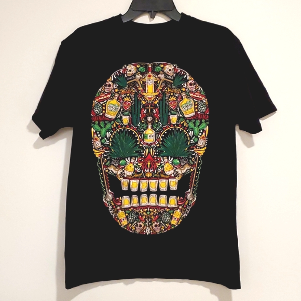 Tequila Decorated Sugar Skull Shot Glass Graphic Black Short Sleeve Tee Med